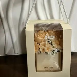 Candles Flower Box - Elegant Design with Clear Window Featuring Yellow Roses and Decorative Elements