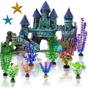 13 Pieces Aquarium Decorations Kit, Fish Tank Decorations Set Small Resin Castle and Rockery Betta Fish Cave Hideout Coral Artificial Plastic Plants Ornament Accessories