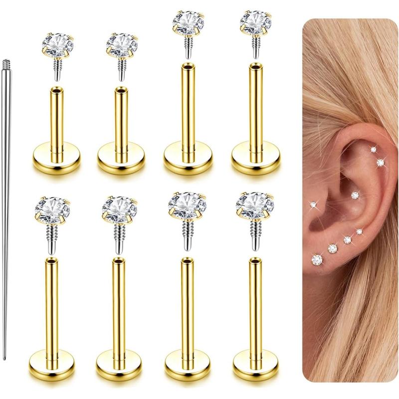 14K Gold Plated Flat Back Stud Earrings - 316L Surgical Steel Internal Thread CZ Stud Piercing Jewelry for Tragus Helix Cartilage Conch Nose Hypoallergenic Lip Monroe Labret Medusa Piercing 16G 18G