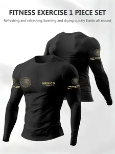 Men's Mexican Vintage Emblem Print Long Sleeve T-Shirt, Athletic Top, Fitness T Shirt, All Seasons Breathable Sports Running Clothing, Loose Fit Design, Comfortable Wear