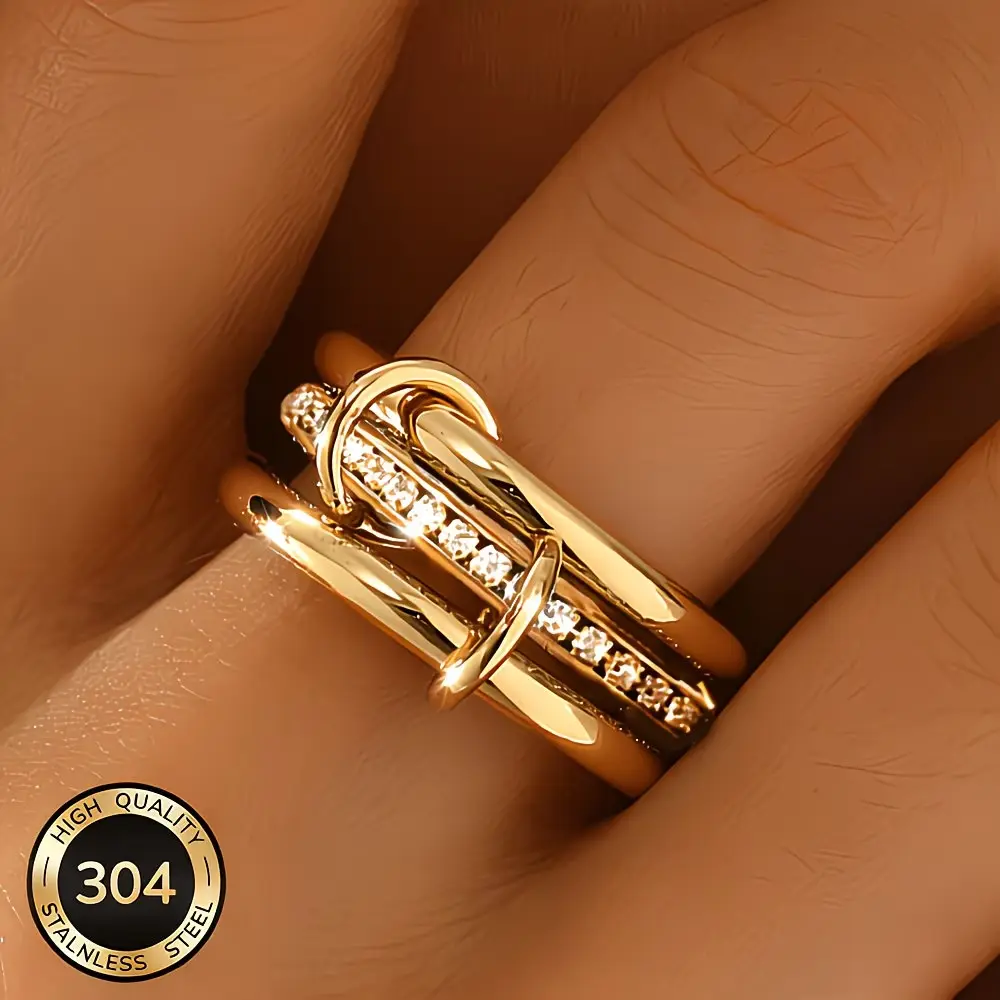 14K Gold Plated Stackable Rings for Women, 304 Stainless Steel Multi-band Interlocking Ring, Cubic Zirconia Inlaid Statement Ring, Hypoallergenic Eternity Band Jewelry Gift for Her
