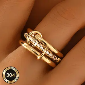 14K Gold Plated Stackable Rings for Women, 304 Stainless Steel Multi-band Interlocking Ring, Cubic Zirconia Inlaid Statement Ring, Hypoallergenic Eternity Band Jewelry Gift for Her