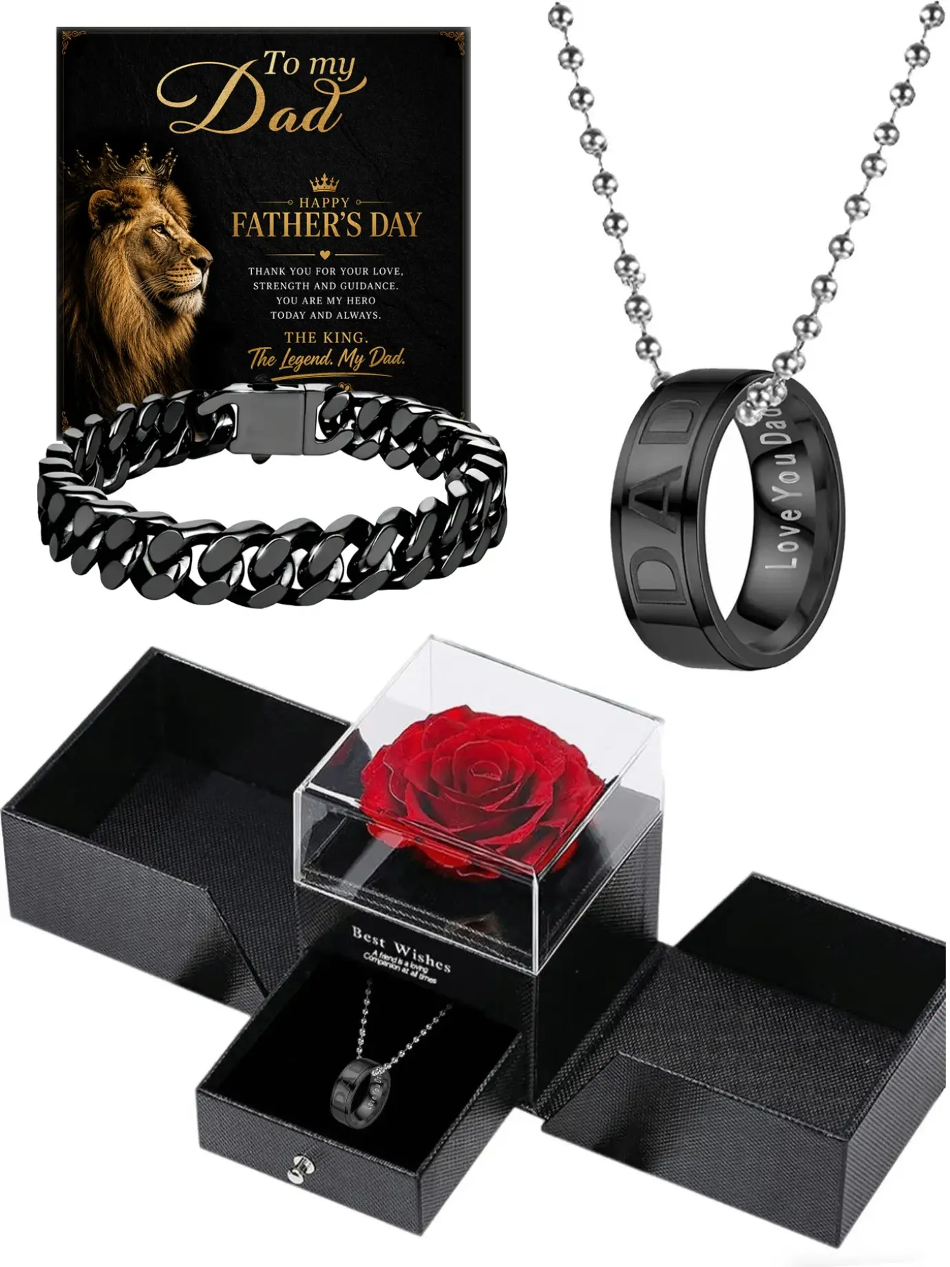 Father's Day Gift Box, Engraved Dad Necklace, Men Jewelry, Stainless Steel Bracelet, Preserved Rose, Gold/silver/, Waterproof, Allergic Safe, Jewellery Gift Set