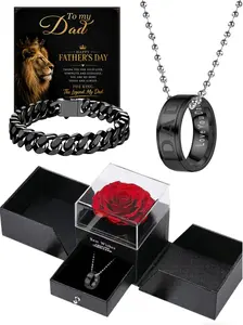 Father's Day Gift Box, Engraved Dad Necklace, Stainless Steel Bracelet, Preserved Rose, Gold/silver/, Waterproof, Allergic Safe, Jewellery Gift Set