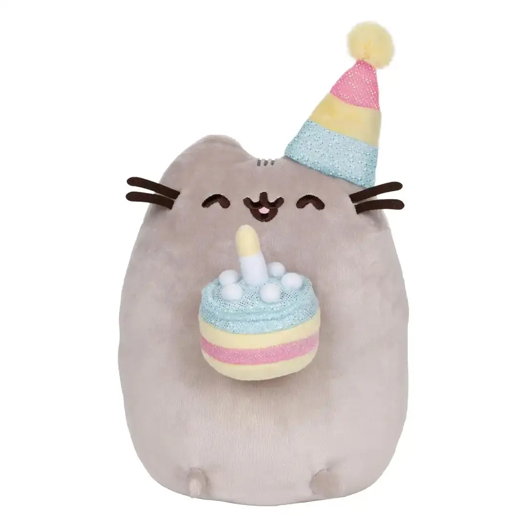 GUND Pusheen Shimmering Birthday Cake Plush Toy, 9.5 inches, with Cheerful Yellow Pom-Pom Topper, Iridescent Fabric, Delightful Gift for Pusheen Fans