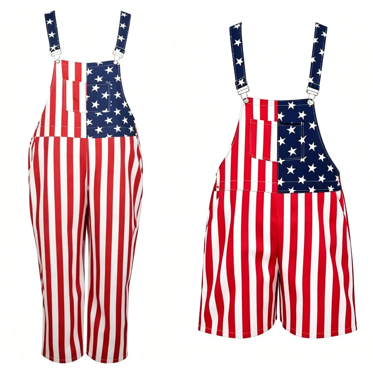 Red, White & Blue Star Stripe Overalls – Perfect for Independence Day, Memorial Day, National Holiday Celebrations, Parades, Parties, and Casual Vacation Wear
