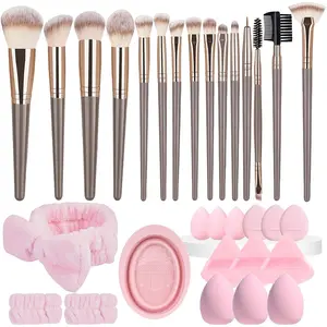 Mothers Day Gift 31 Pcs Makeup Brushes Set with Makeup Sponges and Triangle Powder Puffs, Premium Synthetic Foundation Blending Blush Eyeshadow Brushes with Spa Headband, Wristbands & Brush Cleaning Bowl