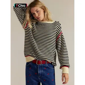 StylishCasualColorBlockStripeKnitSweaterTopforWomen,ThickLoose-FittingLongSleeveRoundNeckforFall&Winter