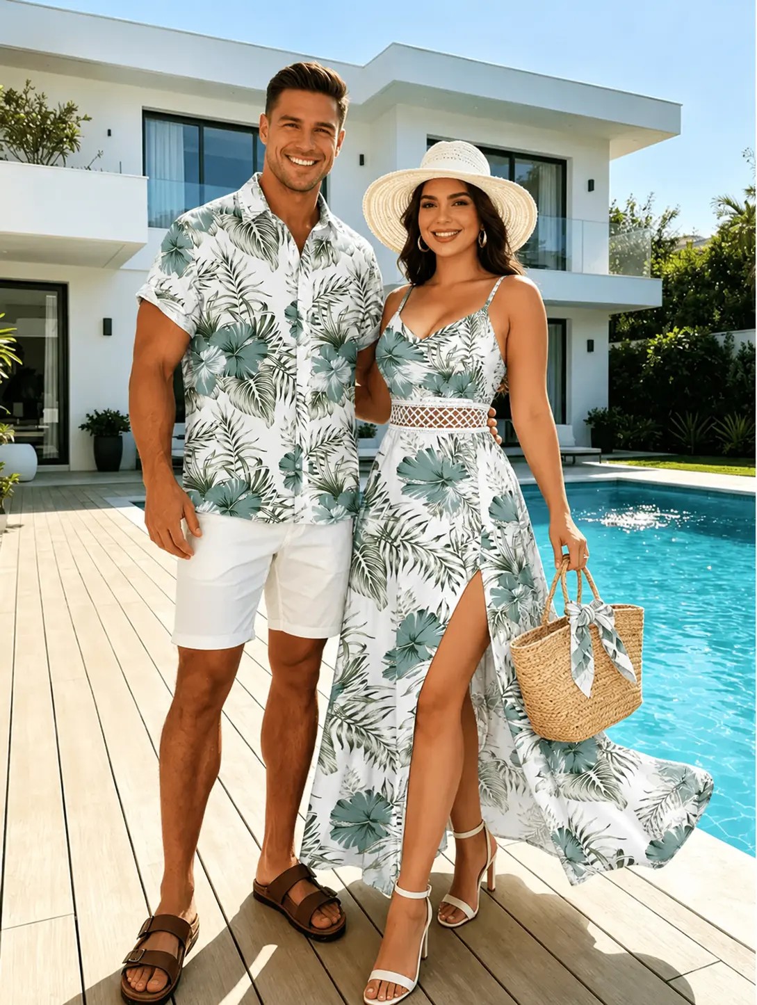 2026 Vacation Couple Outfit Hibiscus Floral Leaf Pattern Geometric Lace Panel Hollow Out Long Dress and Button Up Shirt Casual Matching Outfit beachwear Adjustable Adjustable Adjustable sundress women