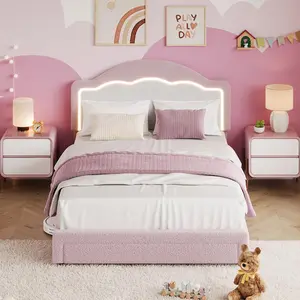 Bed Frame with LED Headboard, Boucle Fabric Upholstered Platform Bed with LED Light for Kids, Girls, Wooden Slats Support, No Box Spring Needed