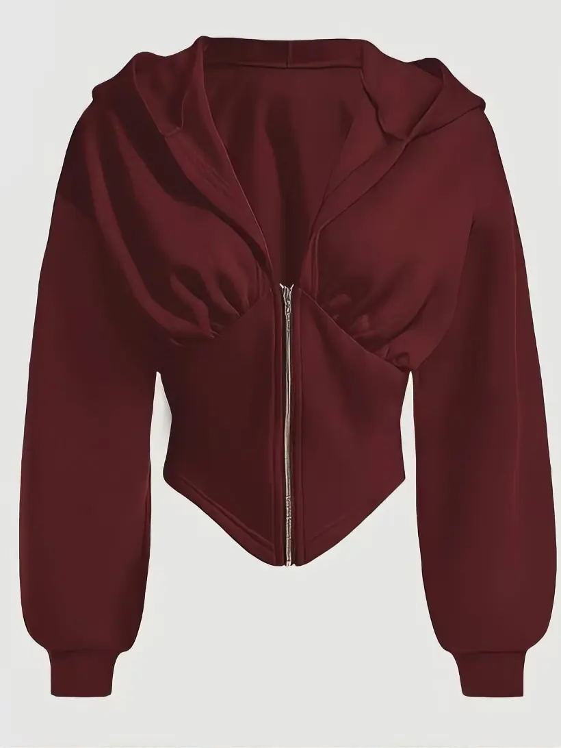 Y2K Style Women Zip Front Hooded Crop Sweatshirt Gathered Bust Puff Lantern Sleeves Irregular Pointed Hem Slim Waist Corset Cropped Hoodie Going Out Club Tops