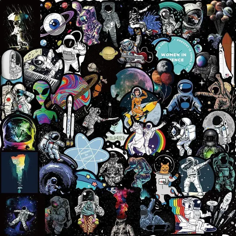 Cartoon Astronaut Series Graffiti Stickers (50pcs), Waterproof Decorative Stickers, DIY Creative Toy for Water Bottle, Phone Case, Scrapbooking, Journal Making