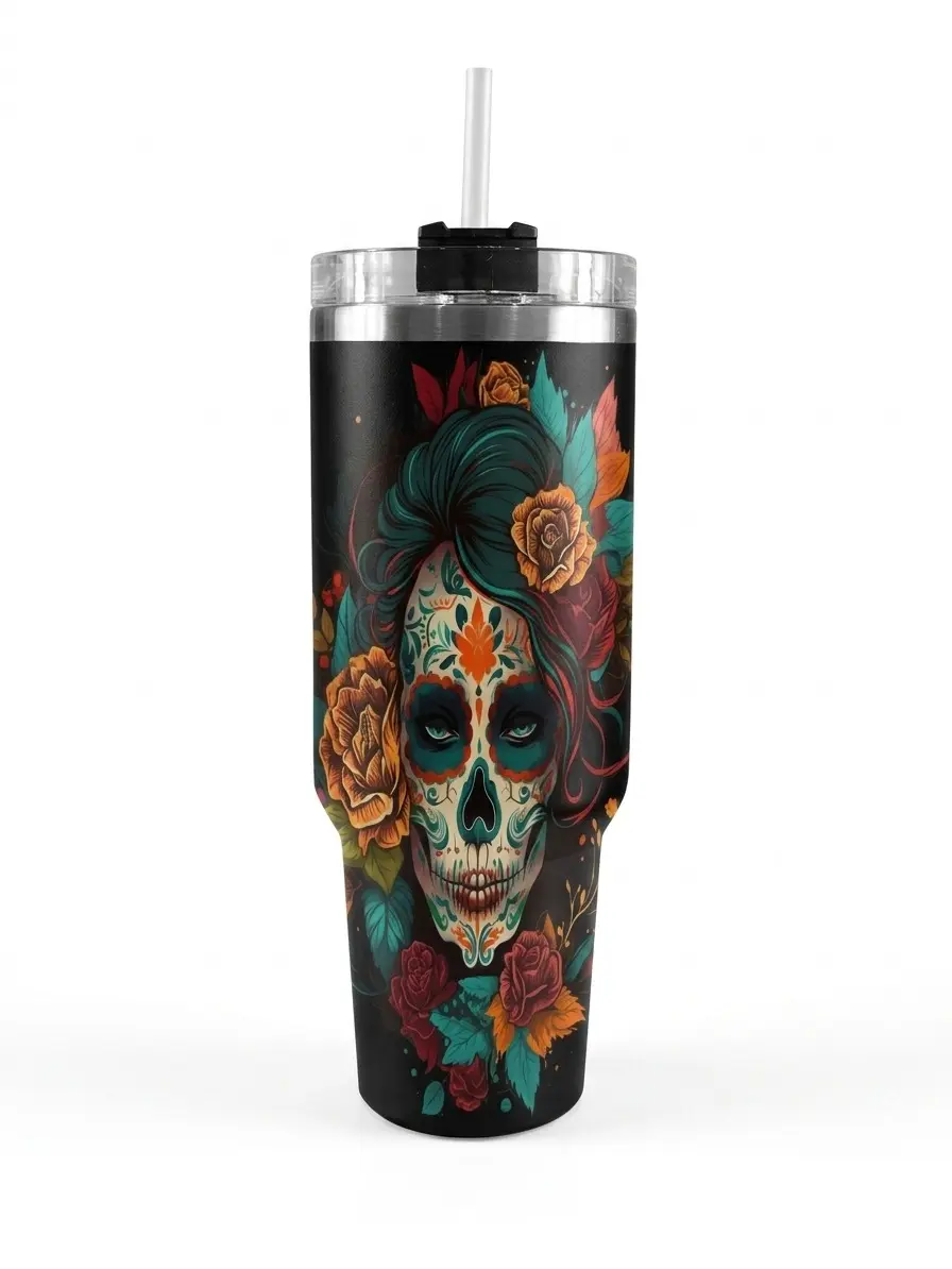 Stylish 40oz Stainless Steel Sugar Skull Printed Tumbler with Handle & Lid, Reusable Floral Calavera Gothic Mexican Art Insulated Coffee Cup for Women, Non-Plastic Kitchenware Drinkware Vacuum Flask