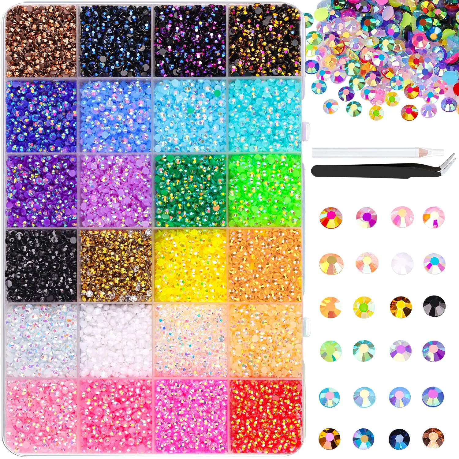 Multicolor-24grids-30000pcs 3mm Jelly Glitter Flatback Rhinestones Bedazzling Kit, with Detail Tweezers for DIY Nail Art Designs, Tumblers