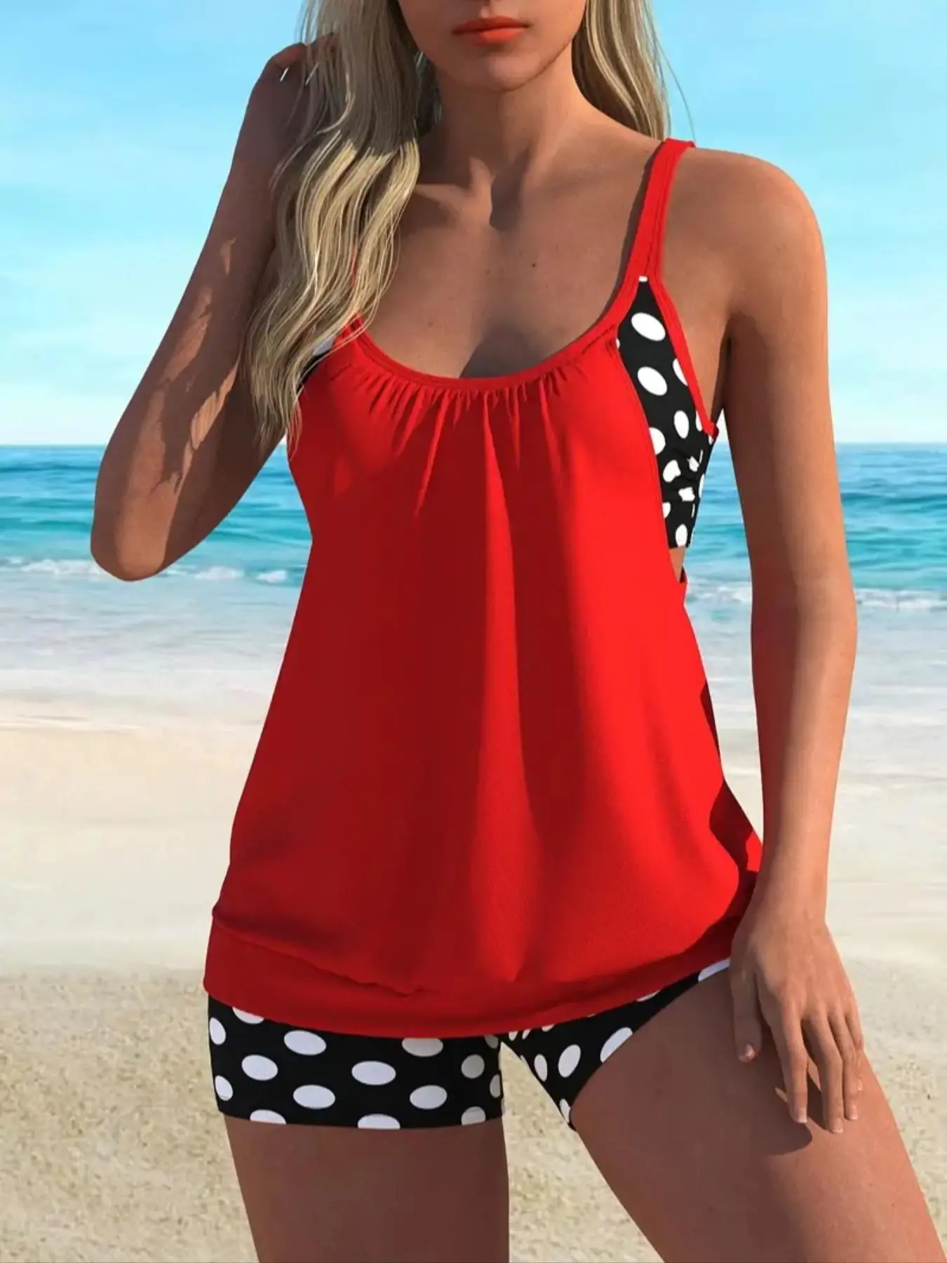 Women's Polka Dot Print Tankini Set, Boho Ruched Cut Out Spaghetti Strap Swim Top & High Waist Skinny Swim Shorts, Ladies Swimsuit for Beach Holiday V