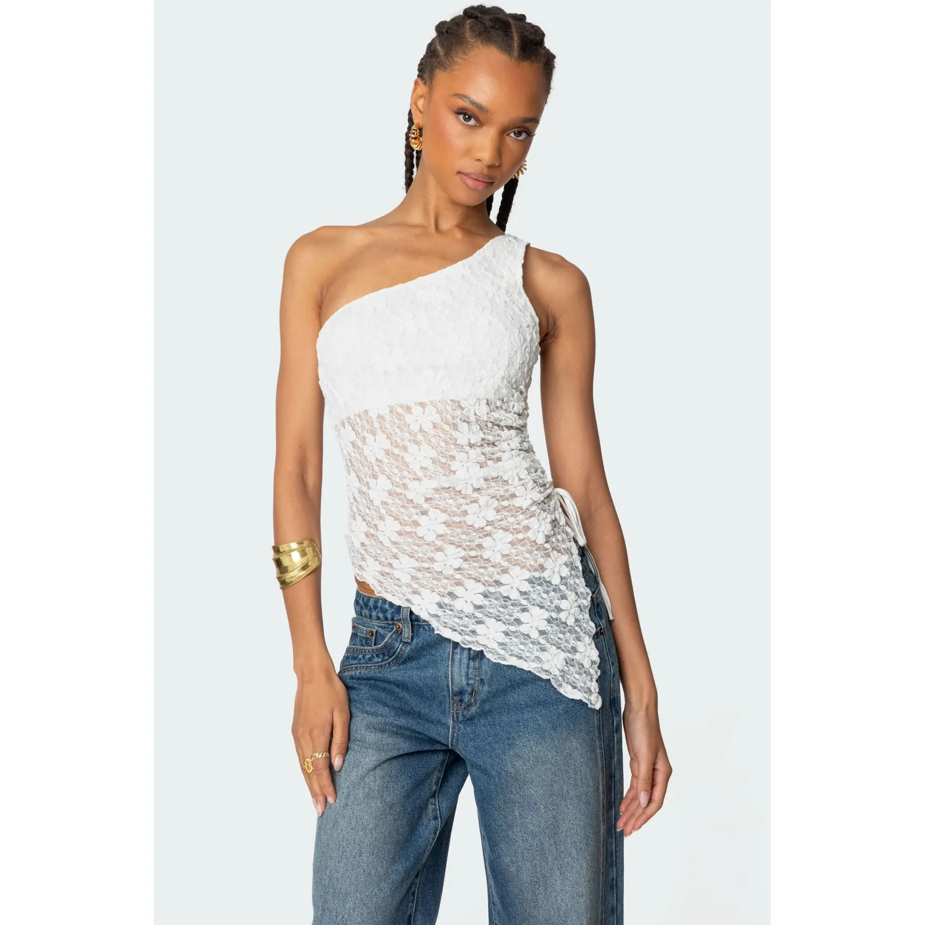 Lacey Sheer Asymmetric Drawstring Top