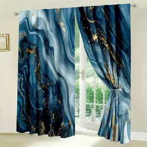 2pcs/ Set of Blue Gilded Marble Printed Decorative Curtains, Decorative Curtains, Lightweight and Breathable, Comfortable Bedroom, Fashionable Office, Fashionable Kitchen, Comfortable Living Room, Peaceful Books, Home Decoration Curtain