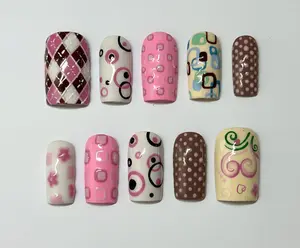 Retro Y2K 2000s Style Press On Nails, Pink Brown Abstract Pattern Set With Checkerboard Floral Polka Dot Swirl, Glossy Short Square Nail Art