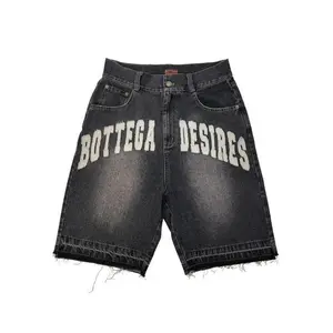 Street Letter Embroidery Vintage Denim Shorts Men's Casual Embroidery Bone Denim Shorts Pants Jeans