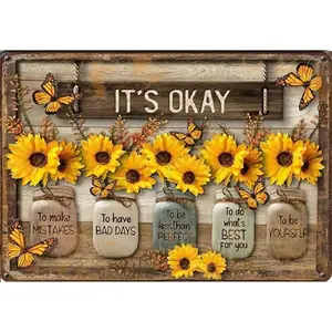 It's Okay To Make Mistakes, Vintage Metal Tin Sign Sunflowers Bouquet Bottle Wooden Style Vintage Iron Plaque For Home Kitchen Garden Yard Cafes Wall Decor