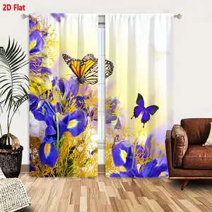 2D Flat  2-Piece Curtain Set, Blue Irises & Monarch Butterfly Design, Yellow Foliage with Soft Yellow to Purple Gradient Backdrop, Blackout/Drape Curtains for Bedroom Living Room, Floral Butterfly Patterned Window Treatment, Home Decor with Intrica