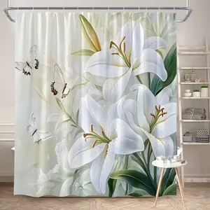 1Pc Spring Floral Shower Curtain White Lilies and Butterflies Polyester Fabric Bath Hanging Curtain Bathroom Decor 70.8x70.8 Inch with Hooks for Elegant Home Style Flower