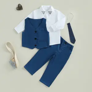 Kids Toddler Baby Boy Gentleman Outfit Tuxedo Waistcoat + Tie + Solid Lapel Polo Shirt + Pants Long Sleeve Tops Trousers Sets Cute Toddler Fall Winter Clothes