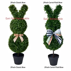 VeriNatural 36'' Boxwood Bunny Topiary (2 Pack) – UV-Resistant Artificial Easter Rabbit Trees with Black Pots for Indoor & Outdoor Porch Decor | Classic Bow or Carrot Plaid Bow