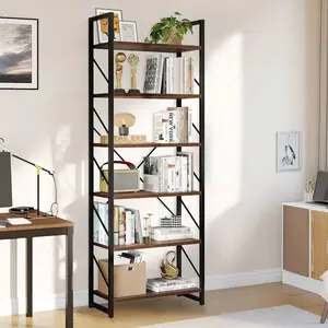 4-6 Tier Shelf Wood Bookcase Storage Display Rack Book Shelving Narrow Bookshelf With Steel Frame For Living Room Home Office Dinning Room