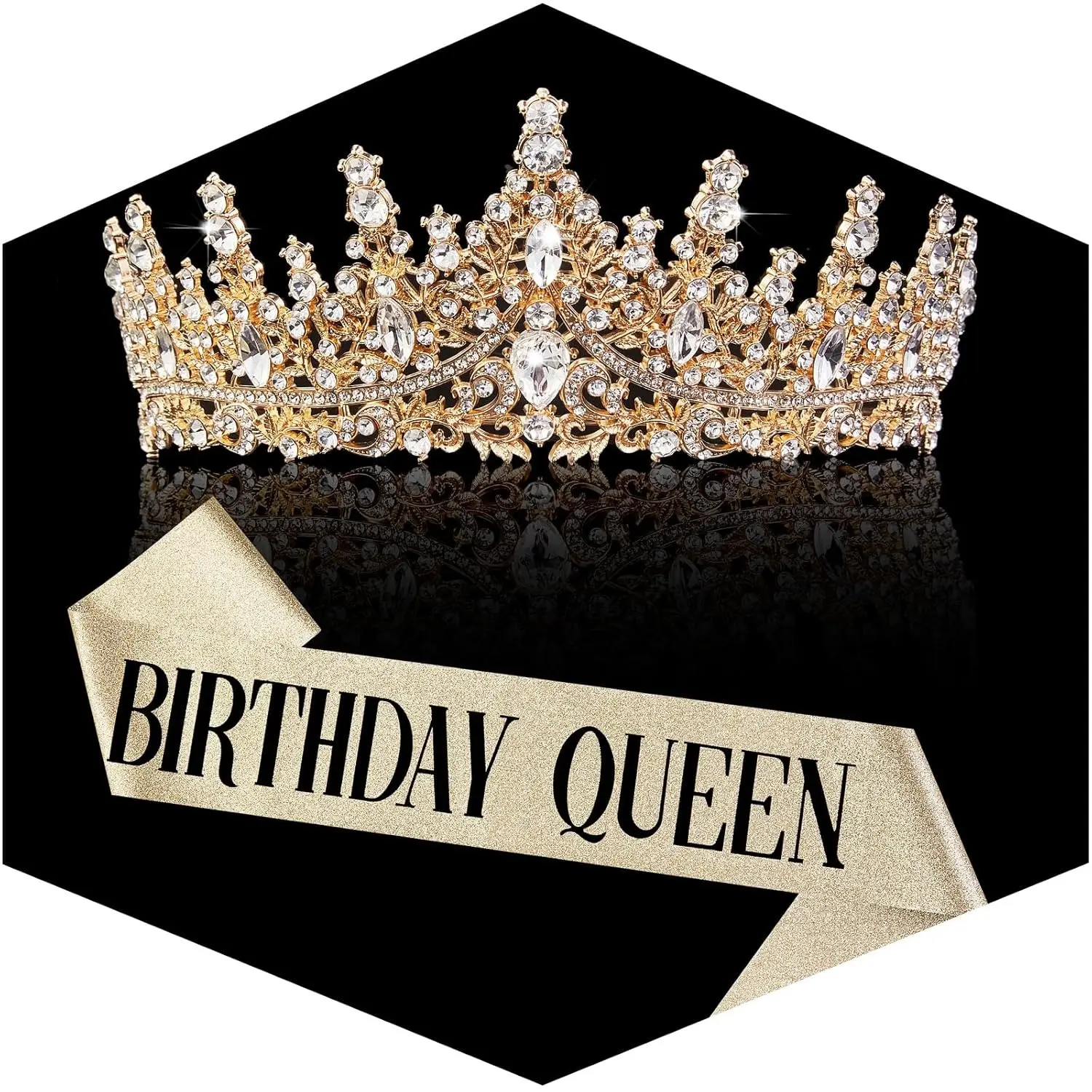 Women's Birthday Crown and Sash Set - Gold Aesthetic Alloy Rhinestone Tiara with Round Hole, Glitter Sash, Prom Hair Accessories for Party Costumes, Birthday Crowns, Styling Accessory, Glamorous, Diamond Look, One Size Fit