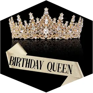 Set of 2 Queen Crystal Birthday Crowns Soft Shiny Sashes Birthday Decoration Set Women's Birthday Sashes and Headpieces, Party Decoration Supplies Set