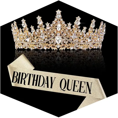 Women's 2-Piece Gold Aesthetic Alloy Rhinestone Crystal Tiara & Sash Set - Gold Headpiece, Accessories for Women, 5.71in Diameter, 2.76in Tall, Pin-Hold Stability, Photoready Sparkle, Comfortable Safe Prom Party Costume Hair Accessory, One Size