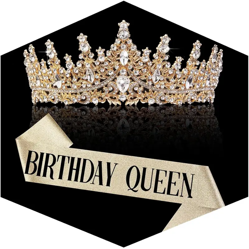 Women's 2-Piece Gold Aesthetic Alloy Rhinestone Crystal Tiara & Sash Set - Gold Headpiece, Accessories for Women, 5.71in Diameter, 2.76in Tall, Pin-Hold Stability, Photoready Sparkle, Comfortable Safe Prom Party Costume Hair Accessory, One Size