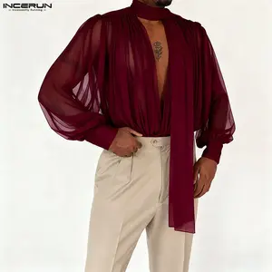 INCERUN COS Baroque/Romantic Men's/Sexy Wine Red Sheer Deep V Scarf Blouse | Dramatic Lantern Sleeve Stage Wear | Party Dinner, Holiday Event