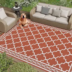 GARVEE Outdoor Rug 9x12 Waterproof for Patio Clearance,Large Plastic Straw Mat for Camping,Porch,RV,Reversible Rugs for Deck Entryance Picnic Balcony Beach (Brick red/White)