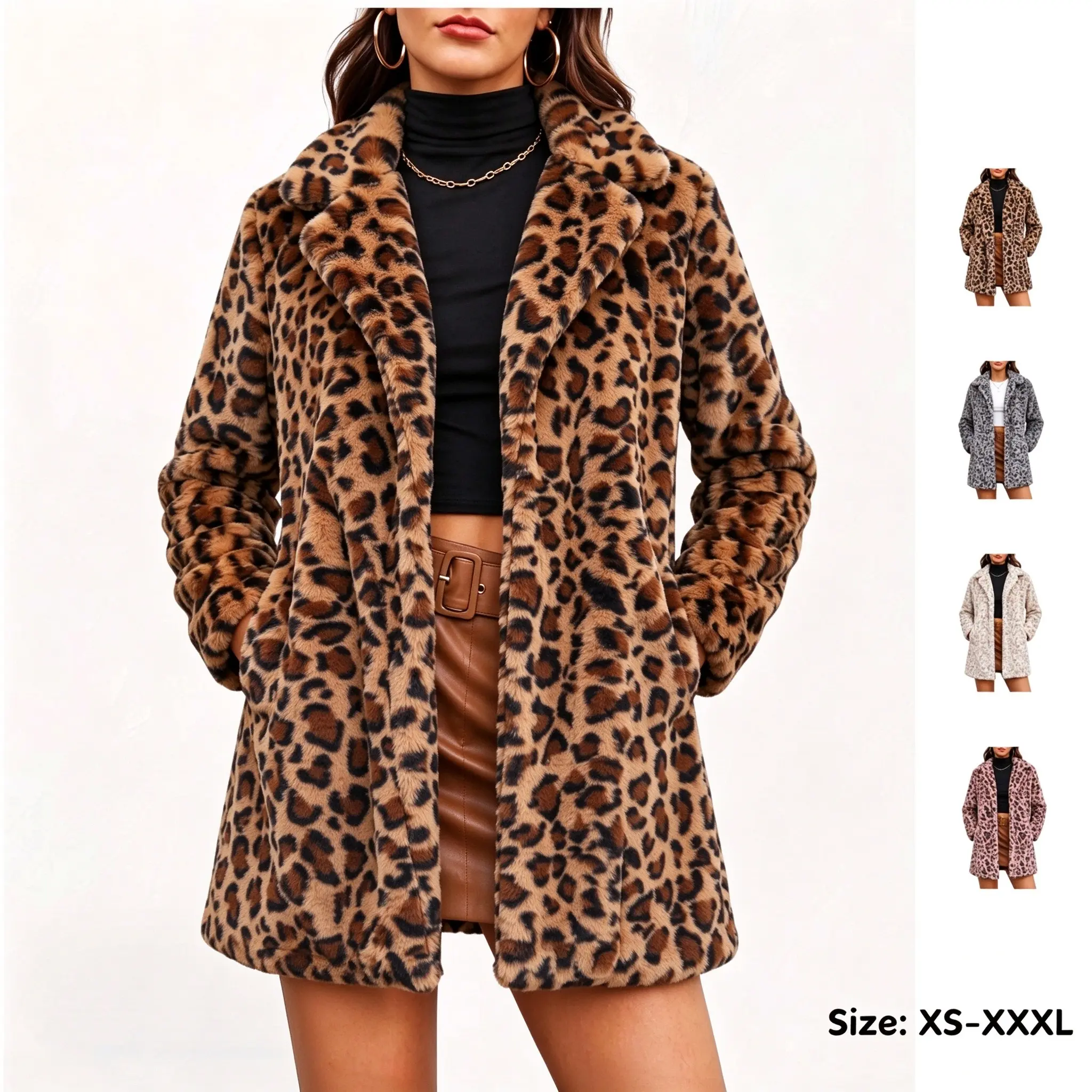 Women’s leopard print faux fur coat with notched lapels, open front, mid-length, fuzzy warm winter plush jacket, casual oversized outerwear