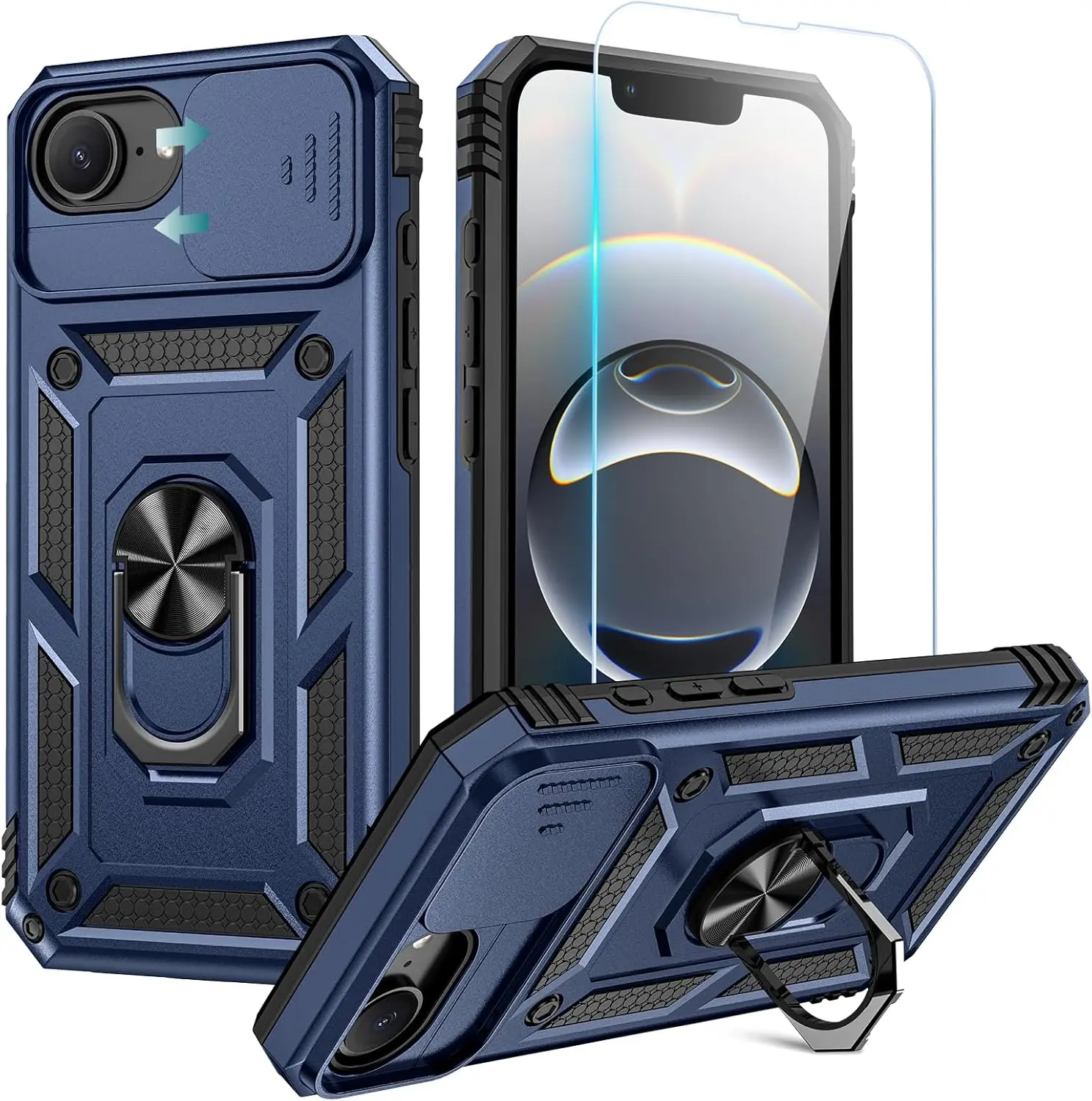 For iPhone 16e Case with Screen Protector, Heavy Duty Shockproof Rugged Bumper, Slide Camera Cover & Ring Stand – Protective Phone Case for Accessories