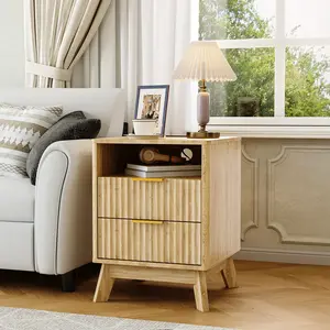 Wave Fluted Bedside Table with Charging Station, Modern Wood Night Stands for Bedroom, 2 Drawers and Open Storage Cubby, 2 USB Ports & 2 AC Outlets, 6'' Legs for Easy Cleaning, Small End Table
