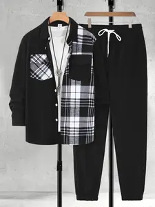 Men's Black & Plaid Patchwork 2-Piece Loungewear Set - Long Sleeve Button-Up Shirt with Chest Pocket & Drawstring Jogger Pants, Soft Breathable Fabric, Relaxed Fit for At-Home Lounging, Lazy Weekends & Casual Evenings, Pajama Set
