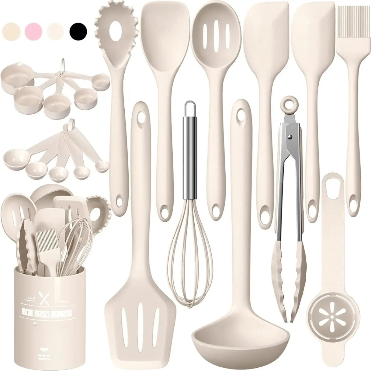 Silicone Kitchen Cooking Utensils Set,  22Pcs Heat Resistant Kitchen Utensils, Spatula, Spoon, Whisk, Dishwasher Safe Kitchen Utensil Gadgets Tools Set for Nonstick Cookware(Khaki)