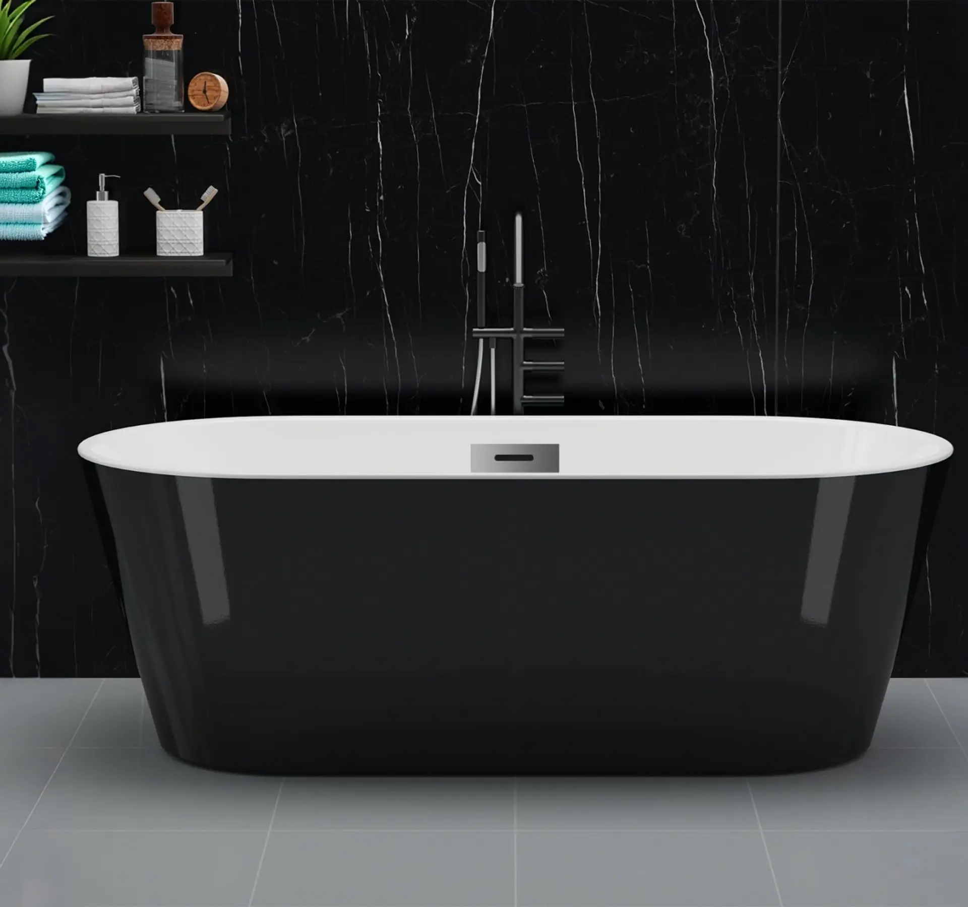 Garvee 59-Inch Acrylic Freestanding Soaking Bathtub with Non-Slip Base & cUPC Certified, Deep Soaking Tub with Integrated Chrome Drain/Overflow for Modern Bathroom Remodel, Black & White