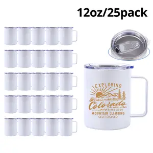 25-Pack 12oz Sublimatable Stainless Steel Coffee Mug Blanks, Modern Straight Skinny Insulated Tumbler with Handle, Lid, Straw, Individually Boxed, Portable, USA Warehouse Stock