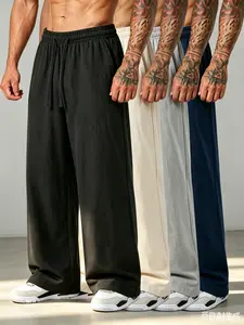 Men’s summer casual long pants, 100% cotton-linen blend, loose straight cut, skin-friendly breathable fabric, suitable for both men and women.