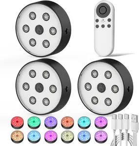 2.4G Under Cabinet Lighting 2600mAh Rechargeable Puck Lights with Remote, Groupable, Sync and Auto Timer off,  Dimmable Under Counter Lights  for Cabinet, Shelves, Display Case 3 Pack