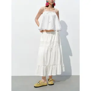 URBAN REVIVO Women's Cotton Blend A-Line Maxi Skirt - Women's Clothes Bottom, 2026 Viral, Chic, Elegant, Hip-Flattering, Minimalist Basic, Breathable Fabric with Shell Accent, Cold Wash Compatible