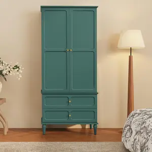 71" Mid-Century Modern Armoire Wardrobe Closet with Doors and Drawers,Wooden Armoire Storage Cabinet with Hanging Rod for Bedroom,Large Capacity Storage,Green White Glass Set