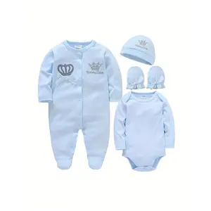 Boys' Spring/Fall Long Sleeve 4pcs Set: Romper + Hat + Gloves + Cardigan - Soft Pink with Crown & Bow Design, Perfect for Outdoor