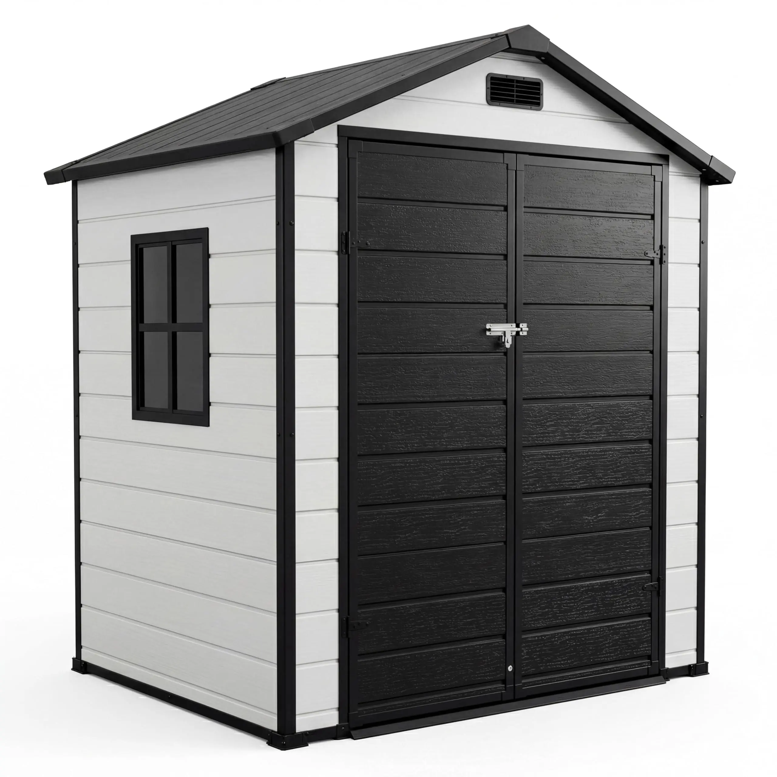 GARVEE 6x4 FT Plastic Resin Outdoor Storage Shed with Floor, Window, Sloping Roof & Lockable Door - Storage Unit for Patio, Backyard, Lawn Mower, Bike, Tools, Black&White