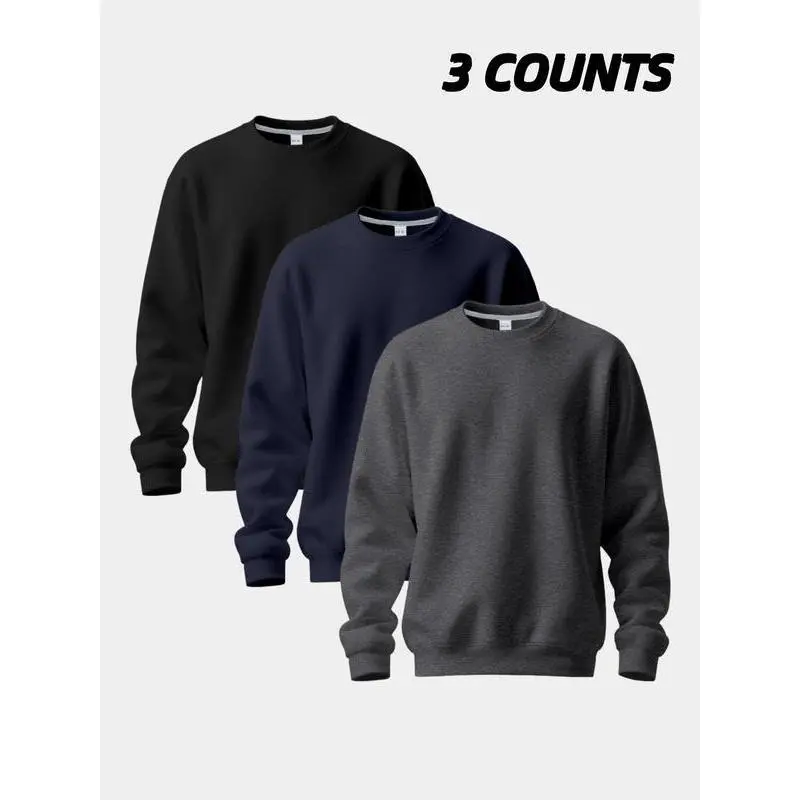 2025Men's 3 Pack Crew Neck Sweatshirts, Soft Fleece Casual Pullover Set, Classic Solid Color Long Sleeve Tops for Daily Wear, Workout & Layering 2025Men's 3 Pack Crew Neck Sweatshirts, Soft Fleece Casual Pullover Set, Classic Solid Color Long Sleeve Tops for Daily Wear, Workout & Layering