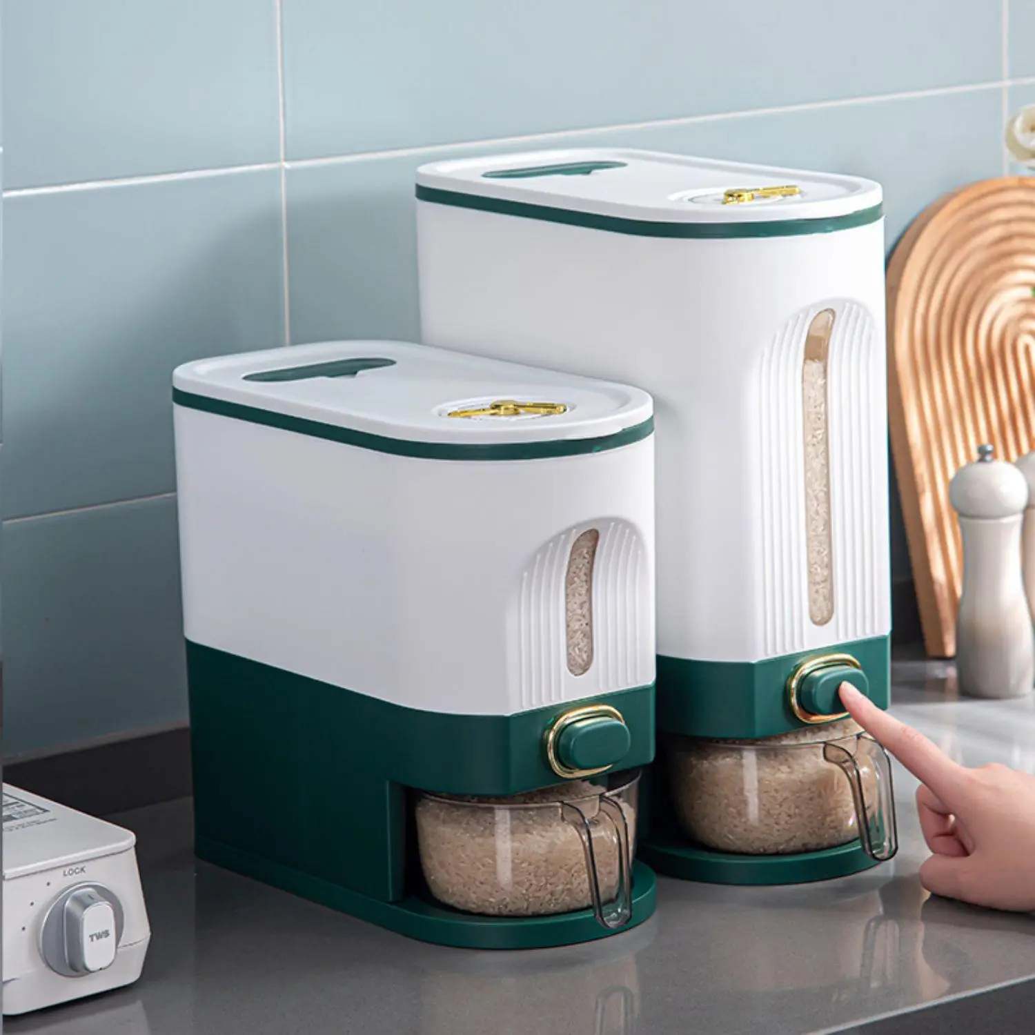 Large Capacity Press-type Rice Dispenser, 1/2 Counts Modern Trendy Grain Storage Container with Lid & Measuring Bowl, Gift for Summer, Kitchen Gadgets